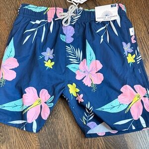 Kids Floral Swim Trunks - Navy and Pink